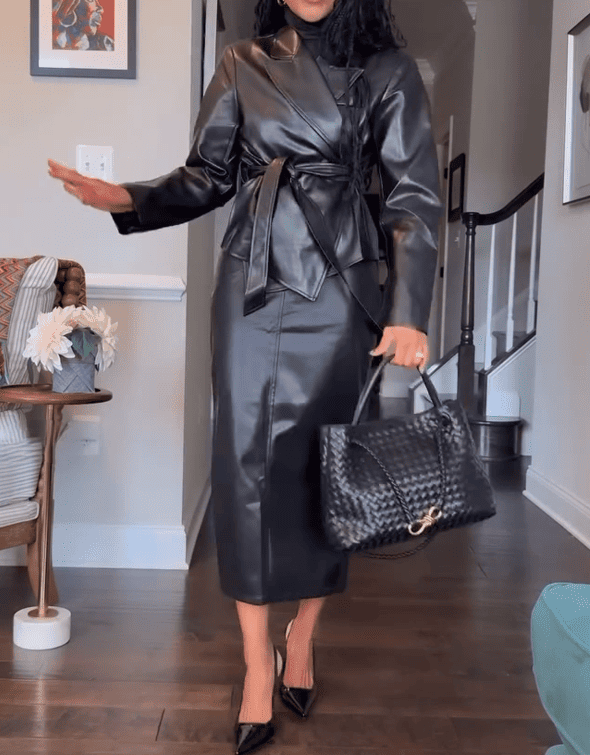 Faux Leather Jacket & Midi Skirt Set