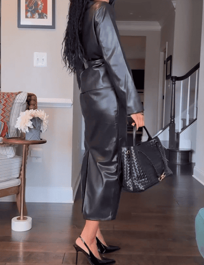 Faux Leather Jacket & Midi Skirt Set
