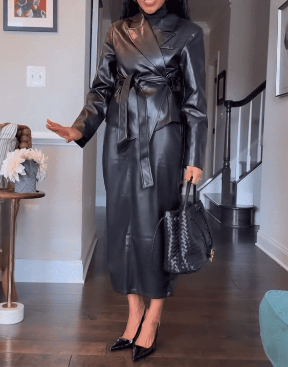 Faux Leather Jacket & Midi Skirt Set