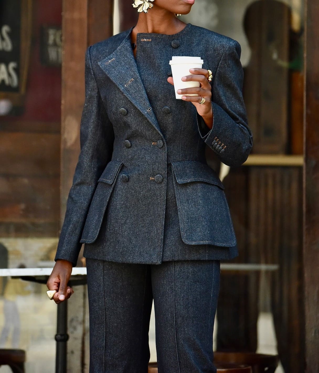 Double-breasted denim Suit Jacket & Flared Pants Set