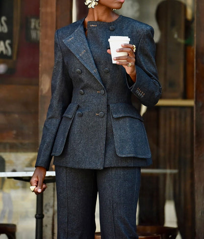 Double-breasted denim Suit Jacket & Flared Pants Set