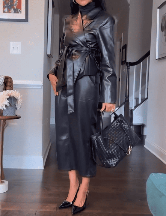 Faux Leather Jacket & Midi Skirt Set