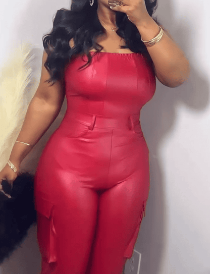 Faux Leather Jumpsuit - Red