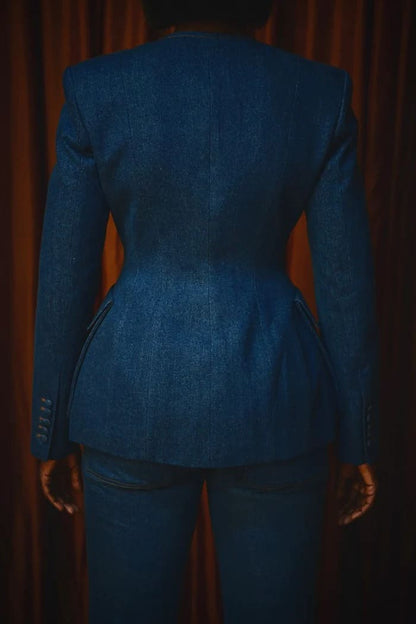 Double-breasted denim Suit Jacket & Flared Pants Set