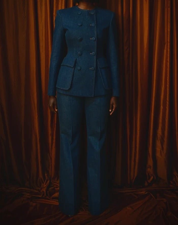 Double-breasted denim Suit Jacket & Flared Pants Set