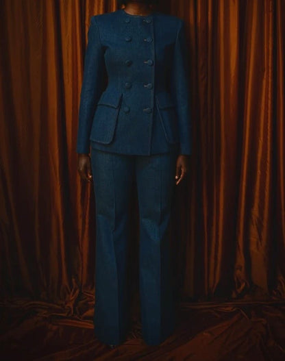 Double-breasted denim Suit Jacket & Flared Pants Set