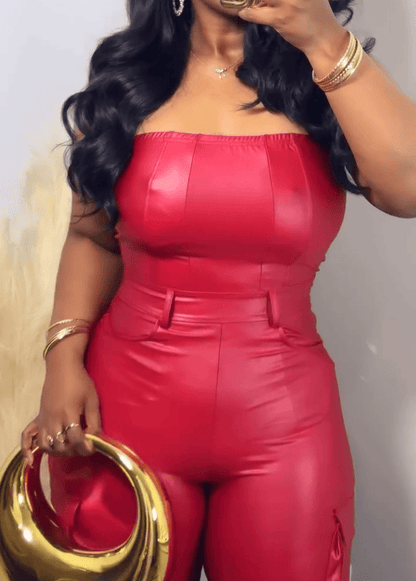 Faux Leather Jumpsuit - Red