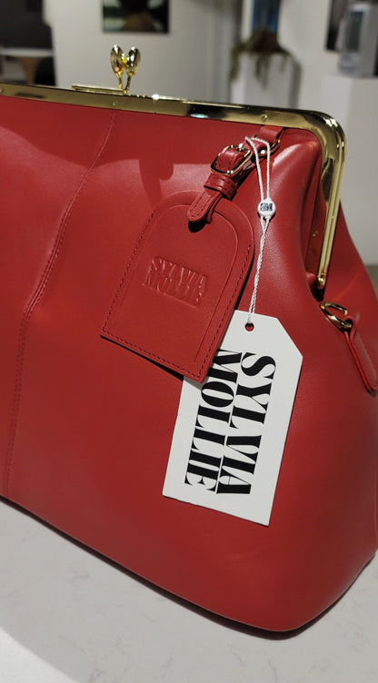 Genuine cowhide leather kiss lock vintage clutch handbag