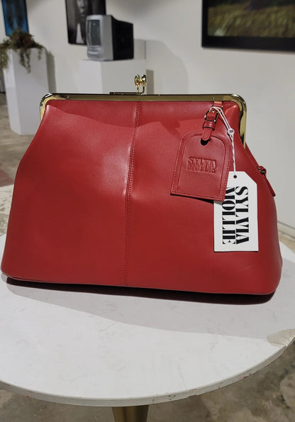 Genuine cowhide leather kiss lock vintage clutch handbag