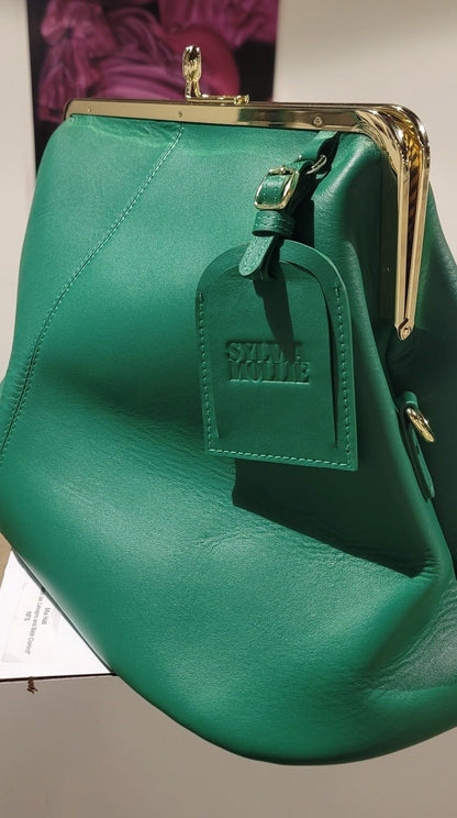 Genuine cowhide leather kiss lock vintage clutch handbag