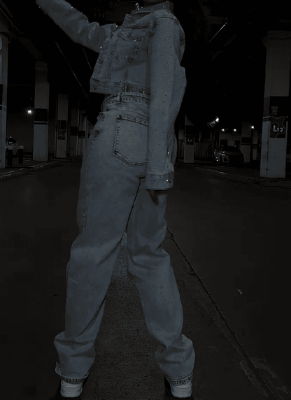 Rhinestone Washed Denim Set