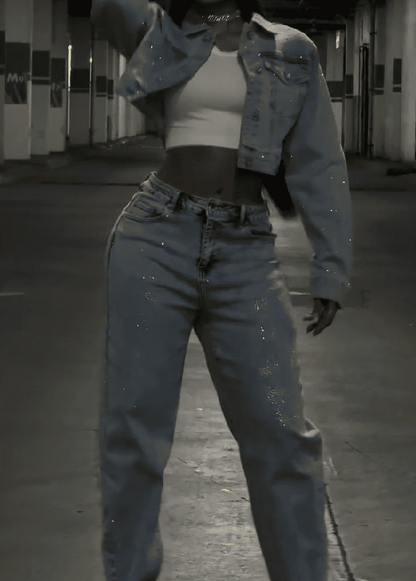 Rhinestone Washed Denim Set