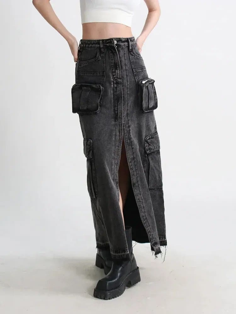 High Waisted Denim Cargo Maxi Skirt - Medium Wash