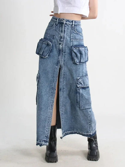 High Waisted Denim Cargo Maxi Skirt - Medium Wash