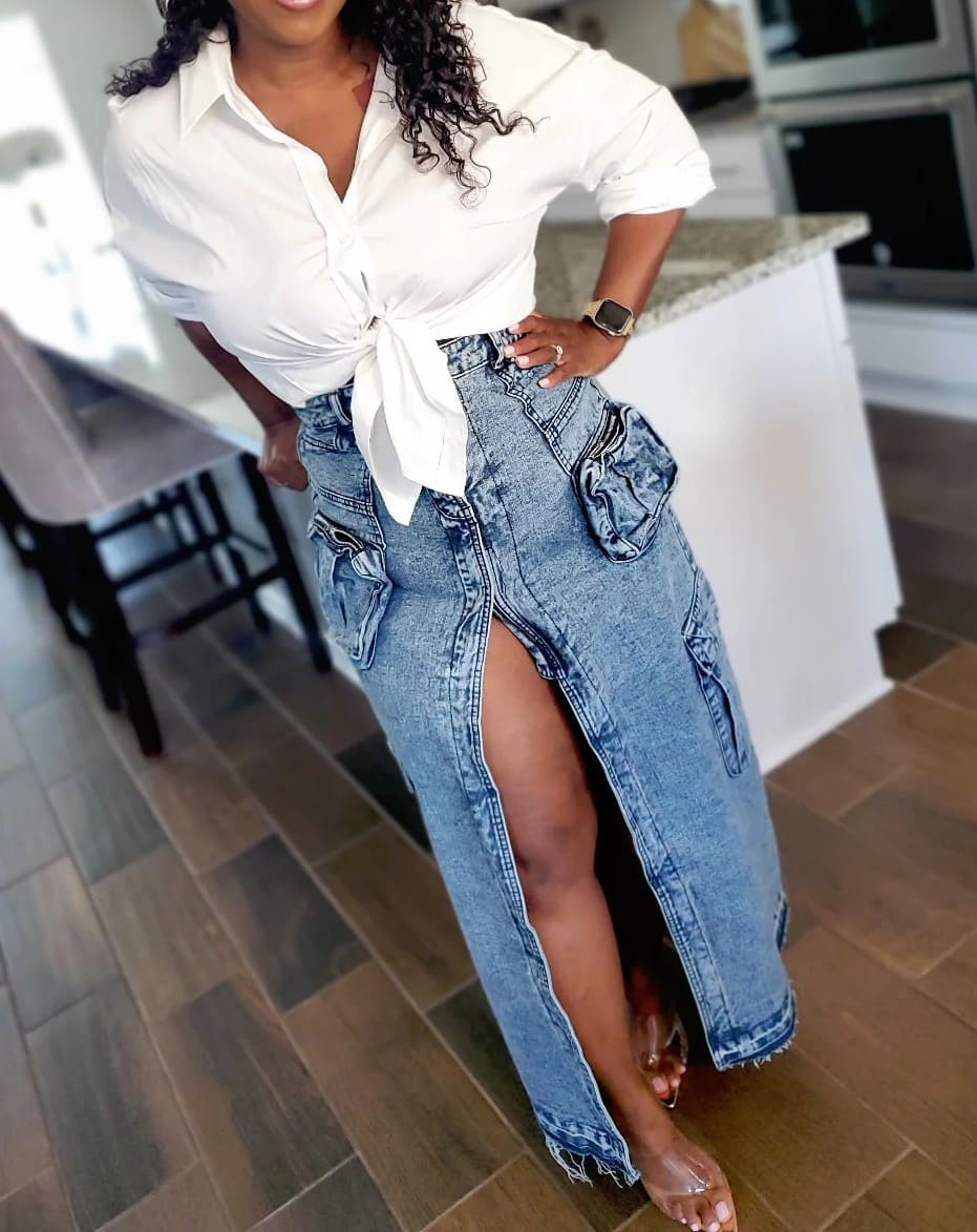 High Waisted Denim Cargo Maxi Skirt - Medium Wash