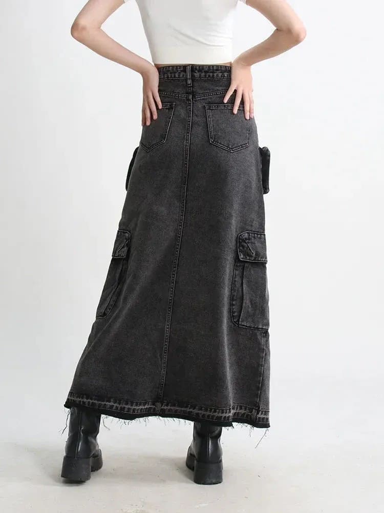 High Waisted Denim Cargo Maxi Skirt - Medium Wash