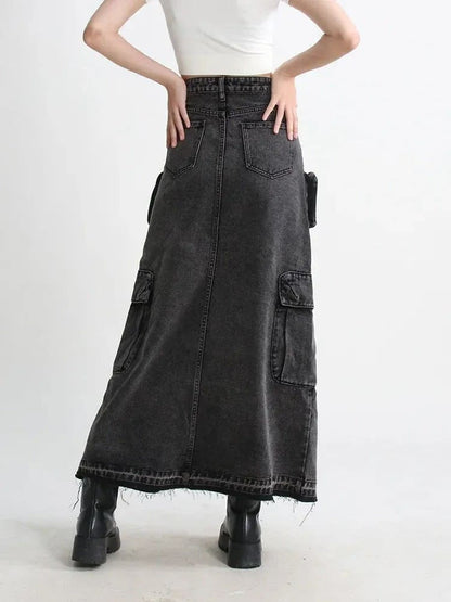 High Waisted Denim Cargo Maxi Skirt - Medium Wash