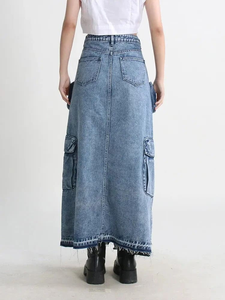 High Waisted Denim Cargo Maxi Skirt - Medium Wash
