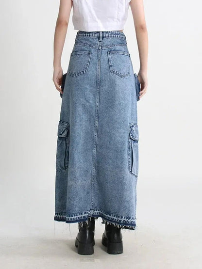 High Waisted Denim Cargo Maxi Skirt - Medium Wash