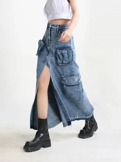 High Waisted Denim Cargo Maxi Skirt - Medium Wash