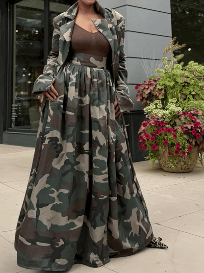 Camouflage Duster Jacket & High Waist Skirt Set