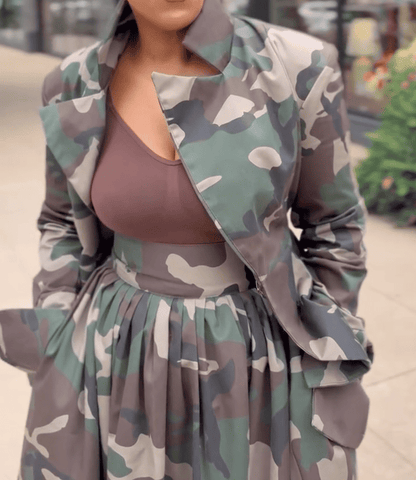 Camouflage Duster Jacket & High Waist Skirt Set