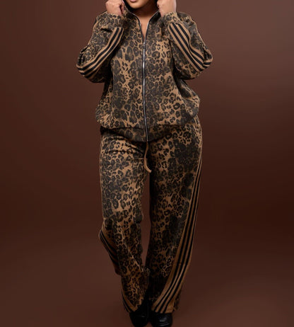 Leopard Print Striped Track Set