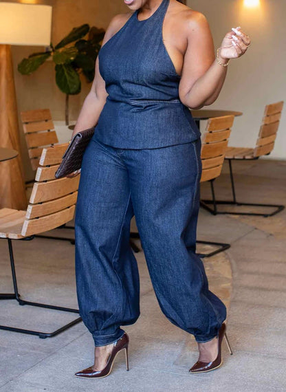 Denim Halter Pant Set