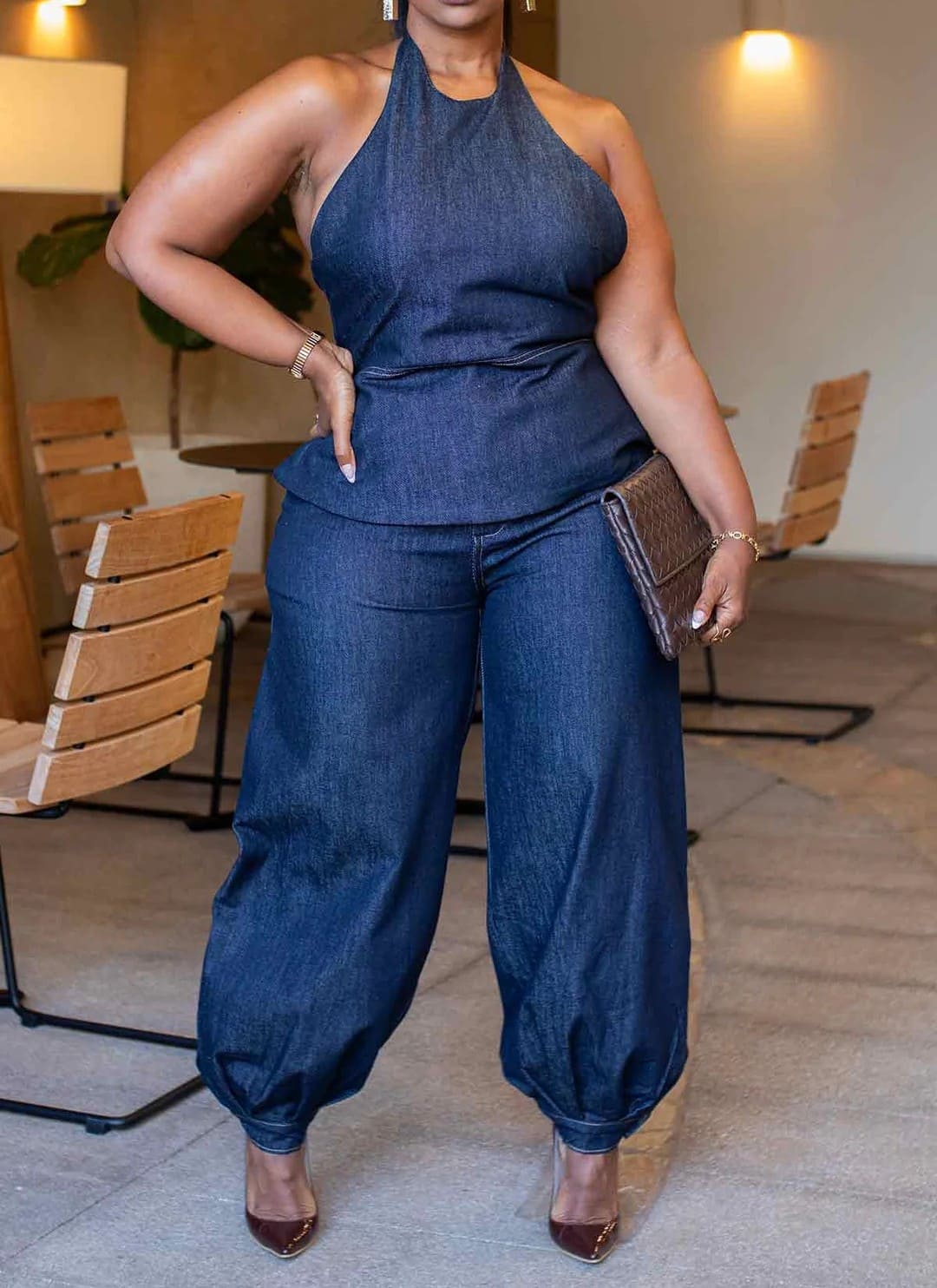 Denim Halter Pant Set