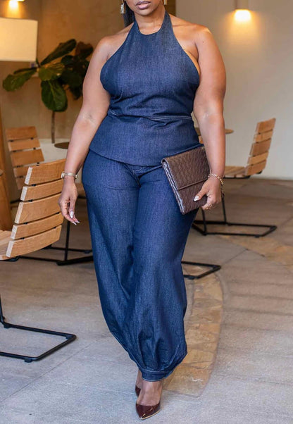 Denim Halter Pant Set