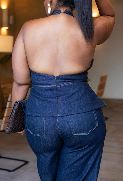 Denim Halter Pant Set