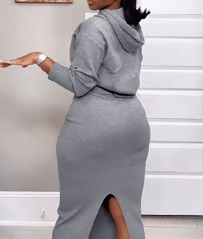 Long Sleeves Hoodies and High Waist Split Skirt Set