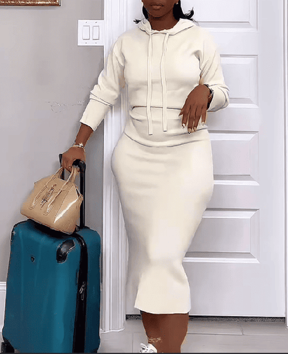 Long Sleeves Hoodies and High Waist Split Skirt Set