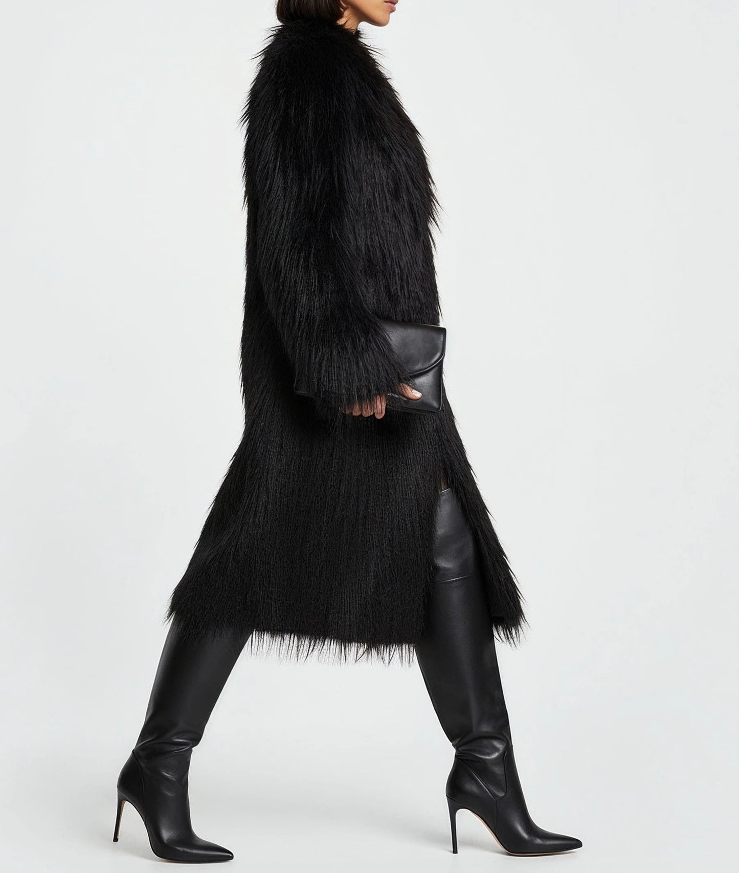 Black Long Haired Maxi Coat in Shaggy Soft Faux Fur