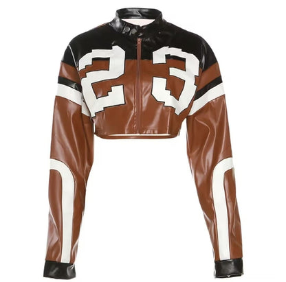 Colorblock Motorcycle PU Cropped Jacket