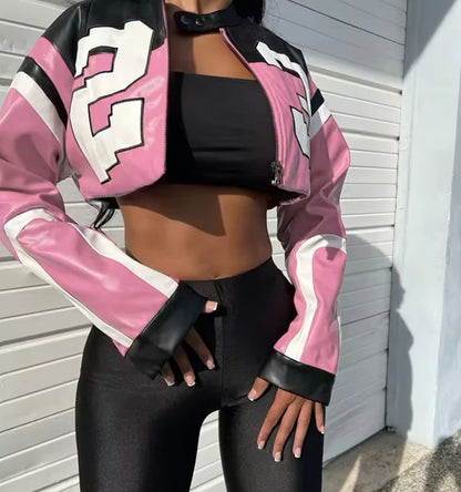 Colorblock Motorcycle PU Cropped Jacket