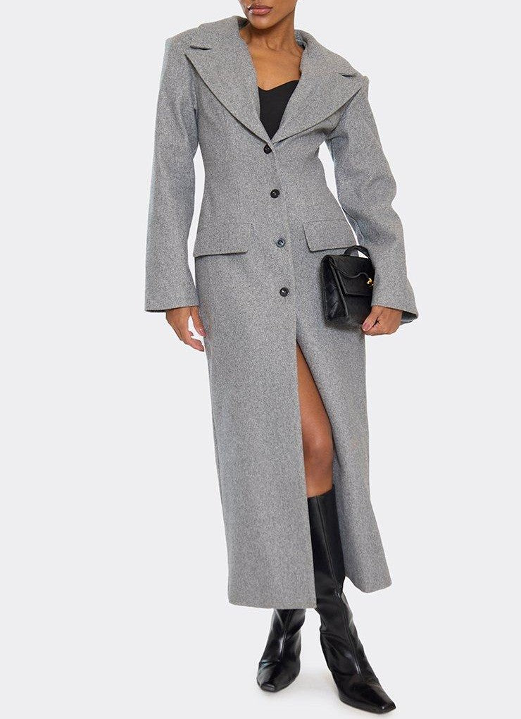 Long Sleeve Cinched Waist Blazer Wool Look Maxi Coat