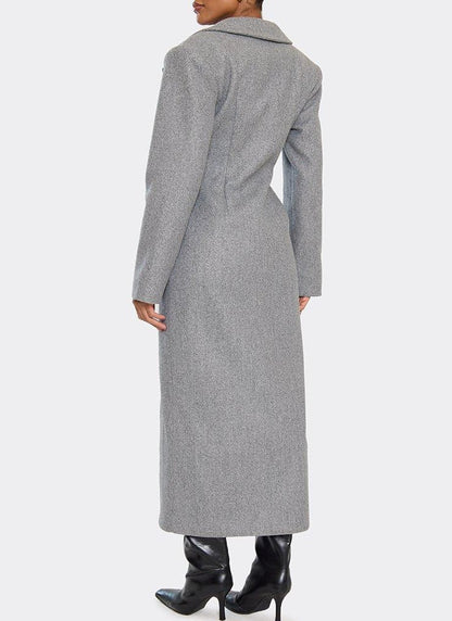 Long Sleeve Cinched Waist Blazer Wool Look Maxi Coat