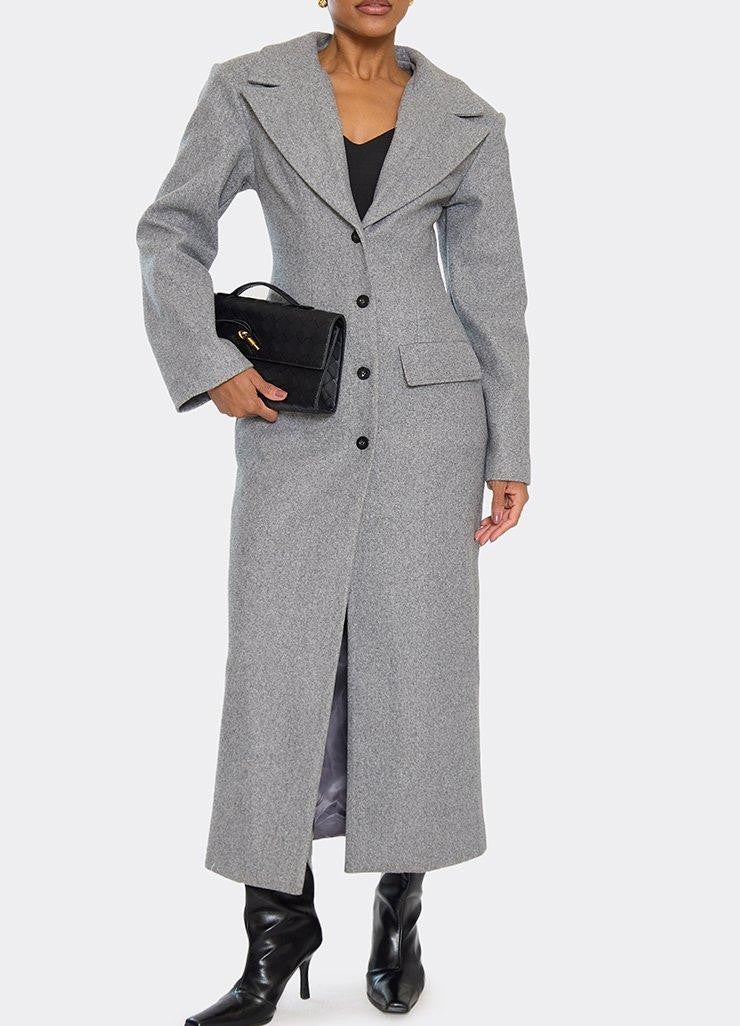 Long Sleeve Cinched Waist Blazer Wool Look Maxi Coat