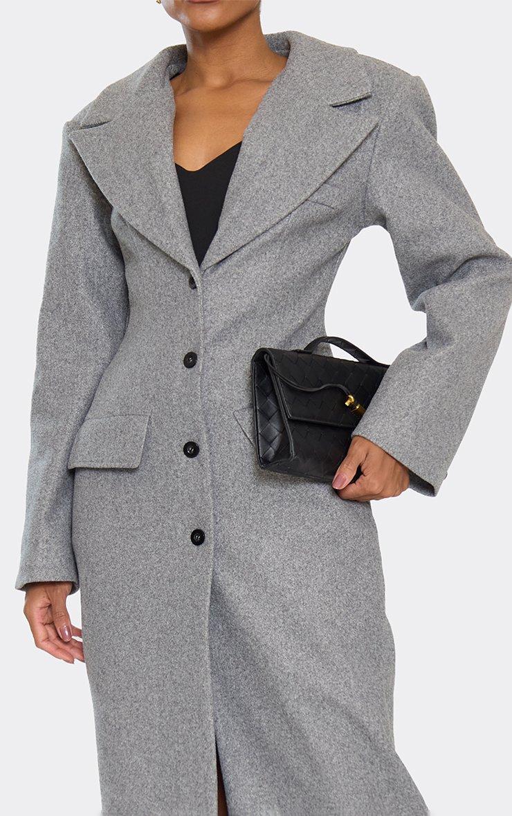 Long Sleeve Cinched Waist Blazer Wool Look Maxi Coat