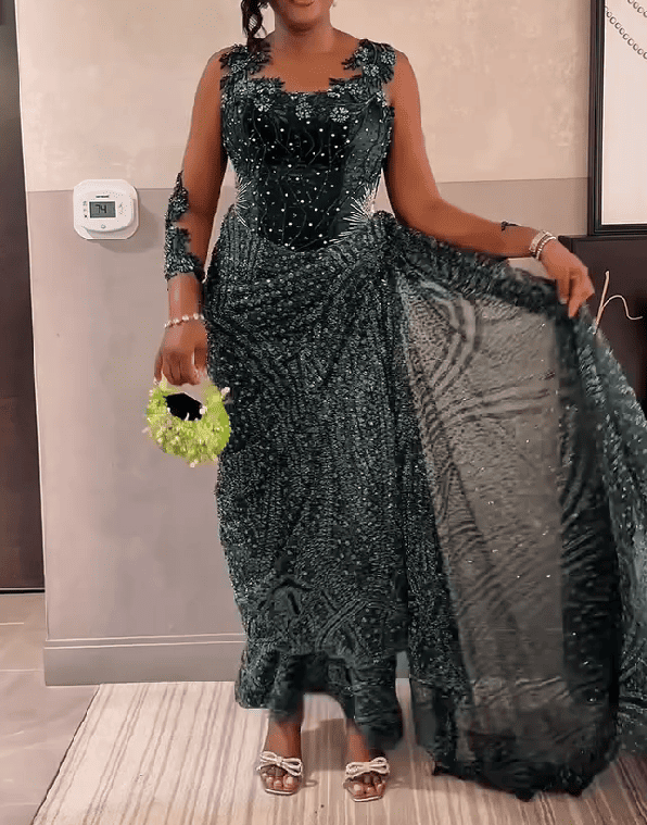 Luxury Beaded Lace Sleeveless Drape Evening Dress