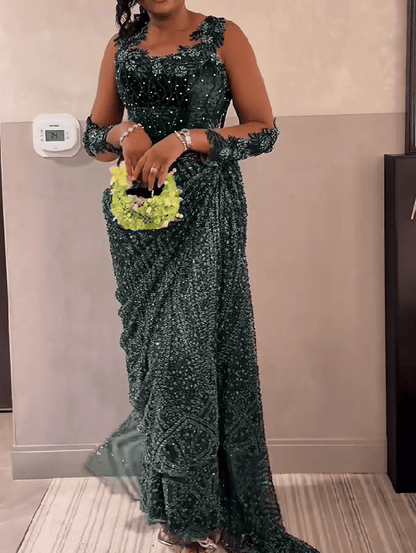 Luxury Beaded Lace Sleeveless Drape Evening Dress