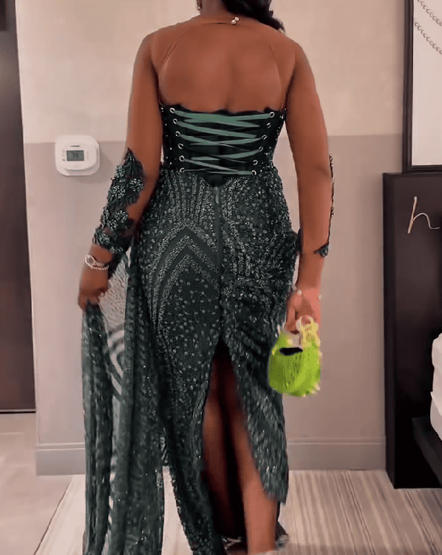 Luxury Beaded Lace Sleeveless Drape Evening Dress