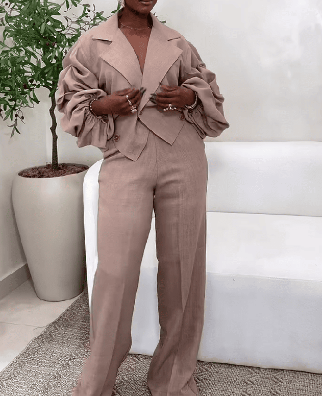 Lapel Waisted Pleated Blazer Set