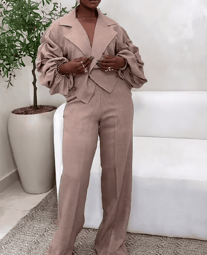 Lapel Waisted Pleated Blazer Set