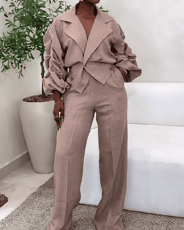 Lapel Waisted Pleated Blazer Set