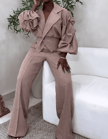 Lapel Waisted Pleated Blazer Set