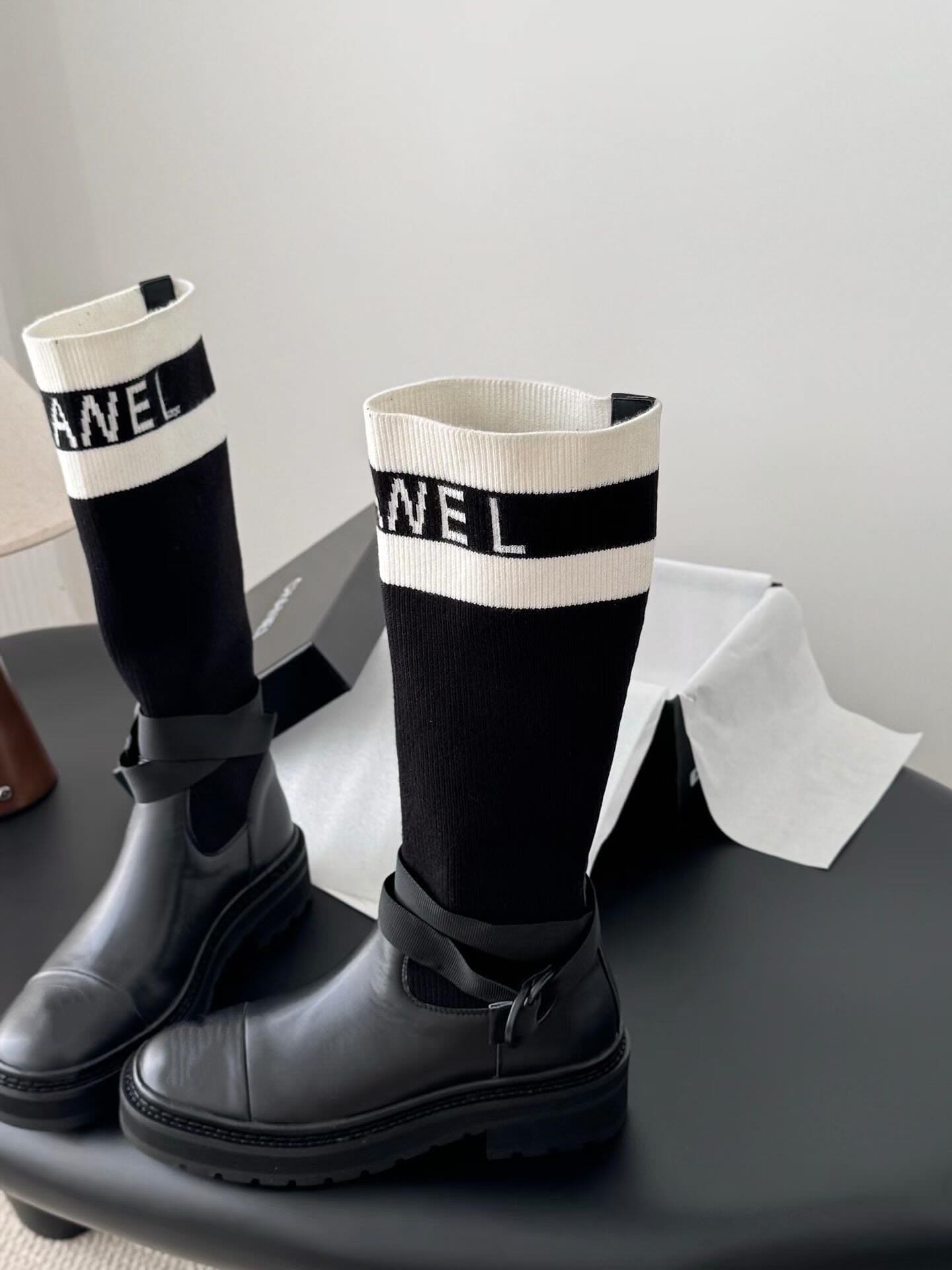 Black And White Technical Knit With Black Calfskin Boots