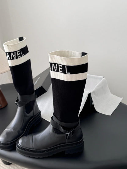 Black And White Technical Knit With Black Calfskin Boots