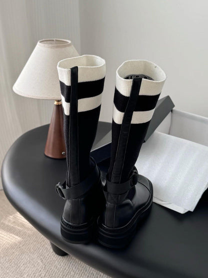Black And White Technical Knit With Black Calfskin Boots